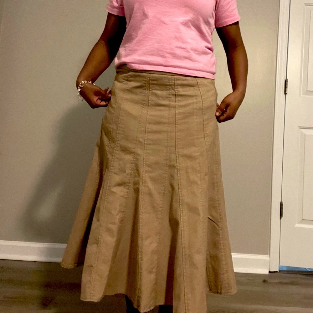 Tan Pleated Flare Maxi Skirt